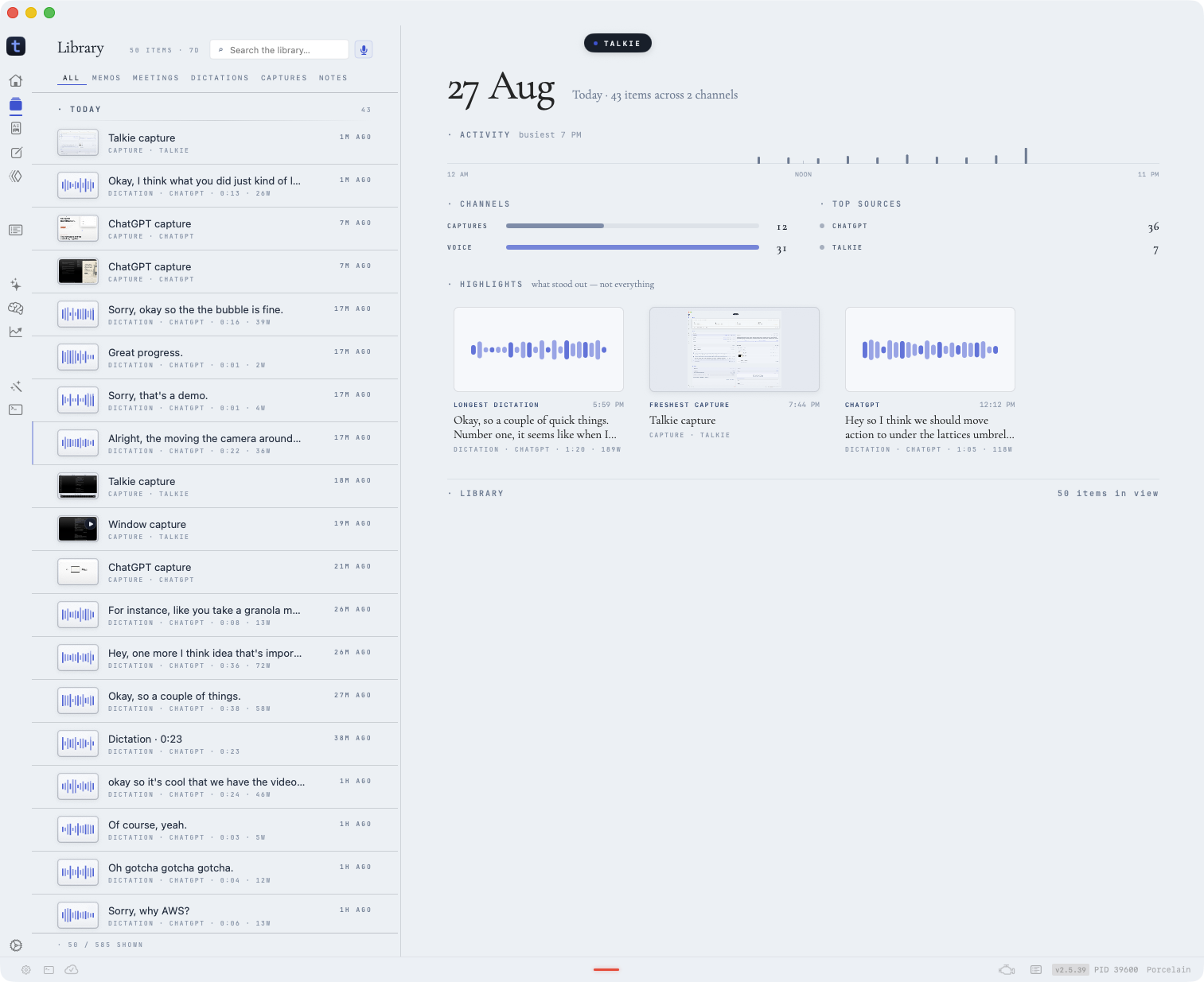 Library highlights in Talkie: the longest dictation and the freshest capture for the day.