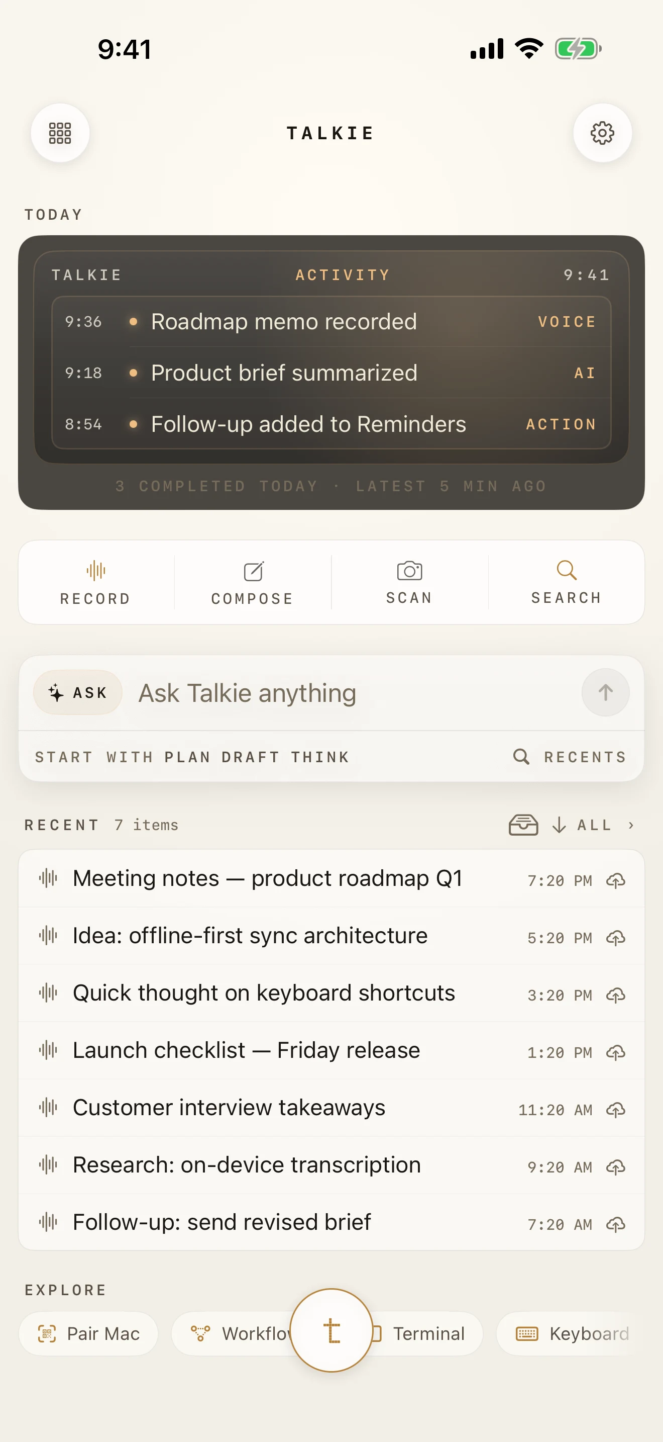 Talkie for iPhone: today's activity, the record and compose actions, and recent captures